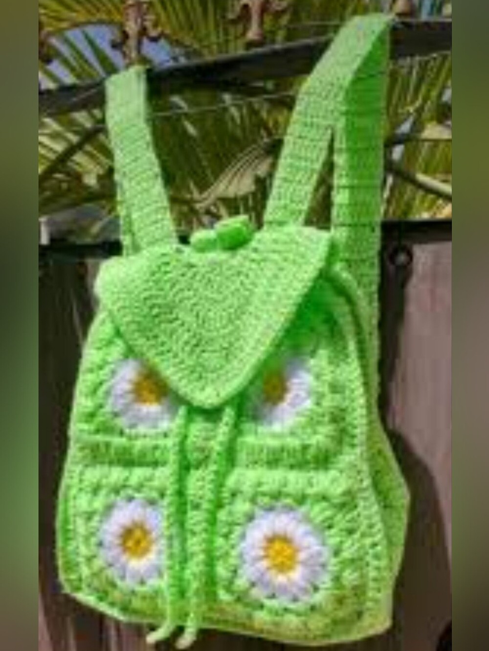 Handmade Green Crochet Backpack with Floral Design